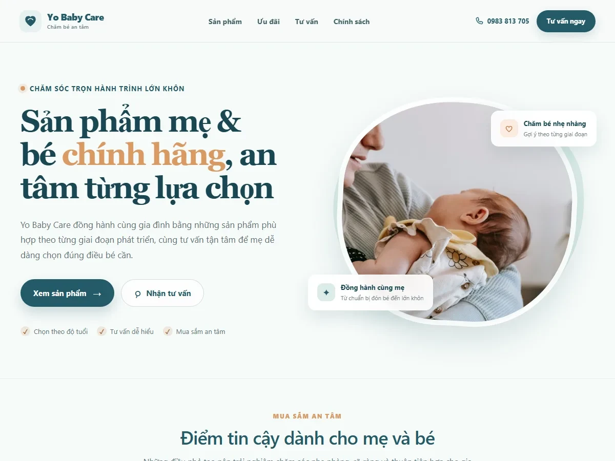 Mẫu website Cửa hàng Mẹ & Bé Yo Baby Care hiện đại, an tâm
