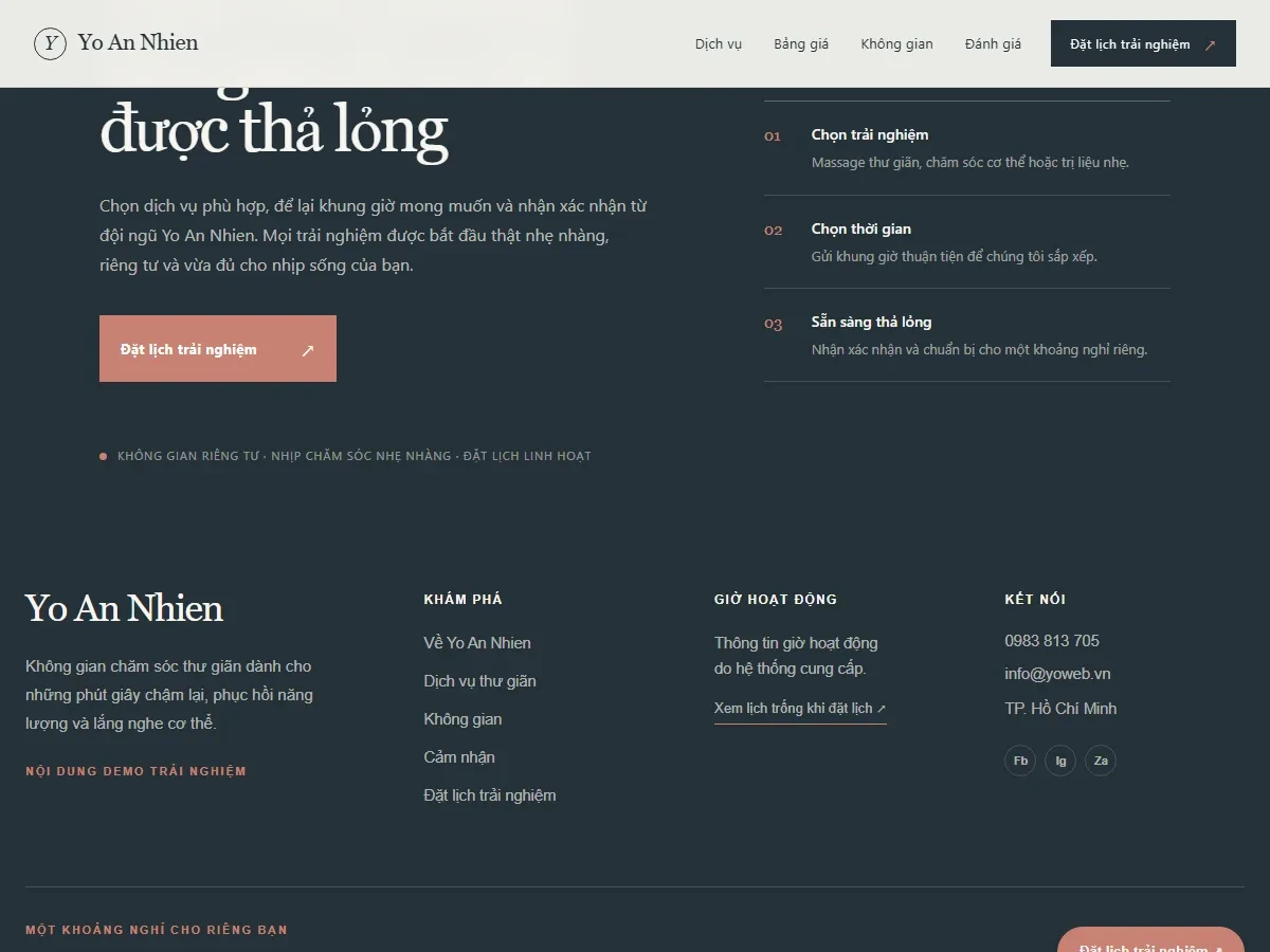 Màn hình cuối của mẫu website Spa chăm sóc thư giãn Yo An Nhien