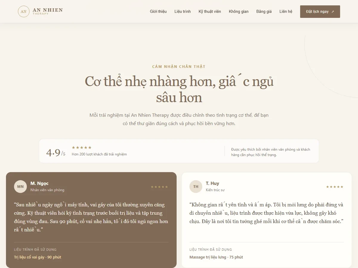Giao diện website massage trị liệu với bố cục tối giản và chuyên nghiệp