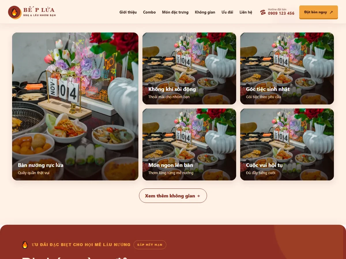 Khu vực giới thiệu combo và món ăn trên mẫu website Lẩu nướng