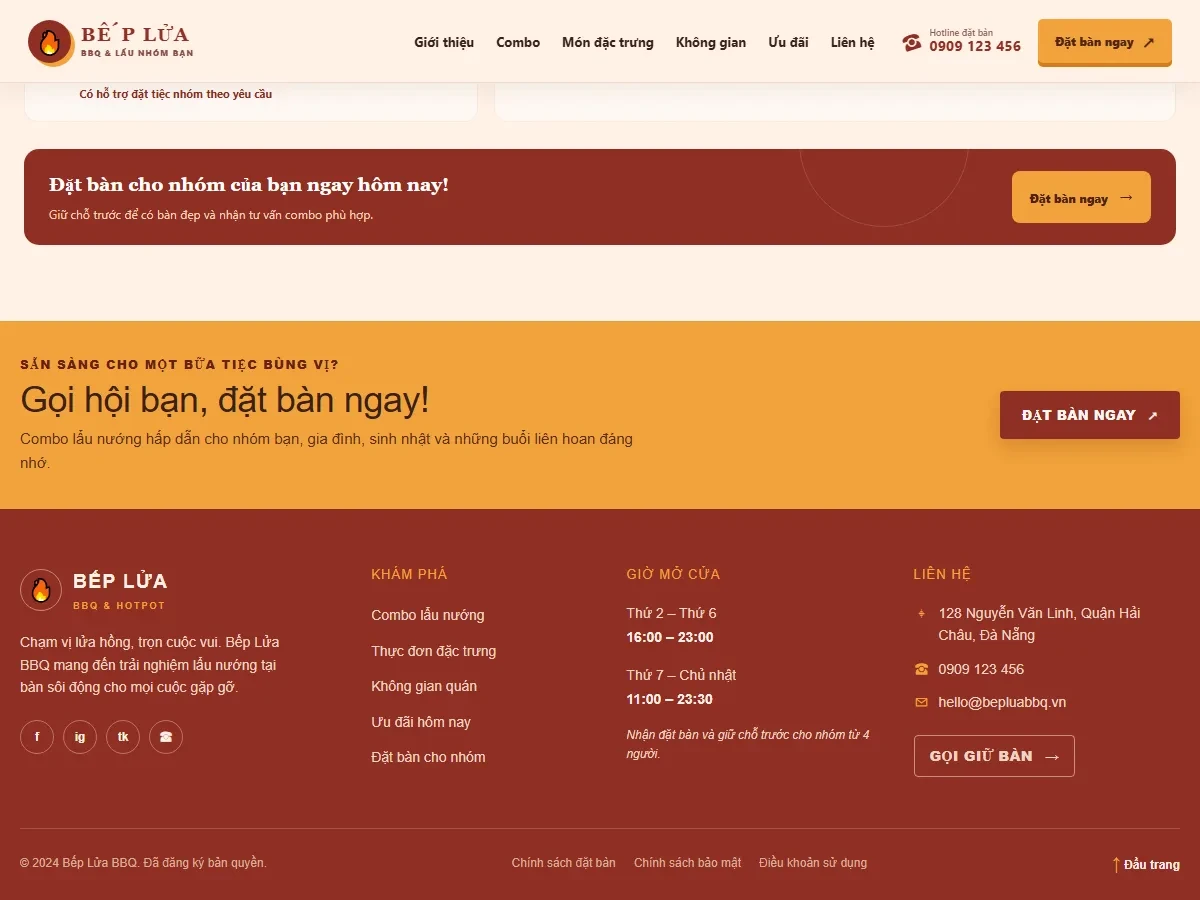 Khu vực kêu gọi đặt bàn trên website mẫu Lẩu nướng
