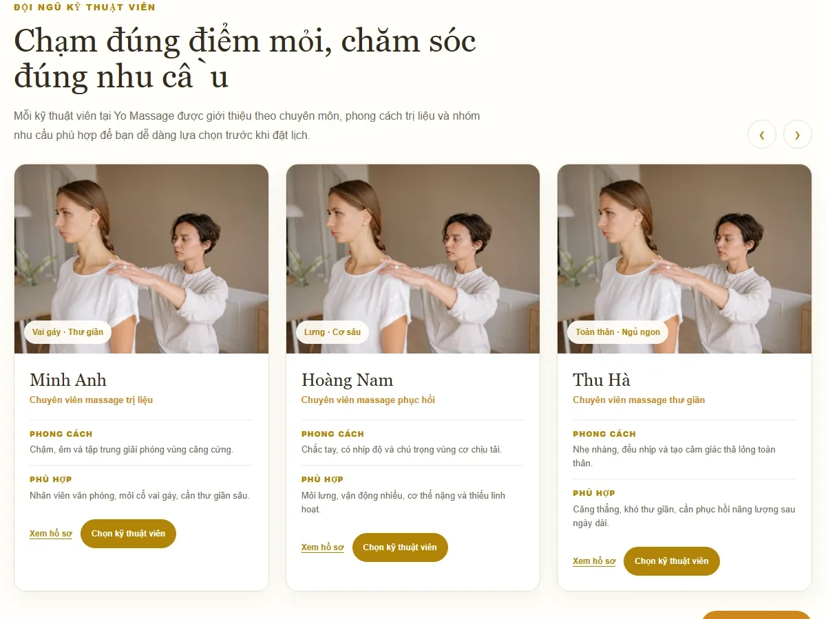Giao diện giới thiệu liệu trình massage trị liệu