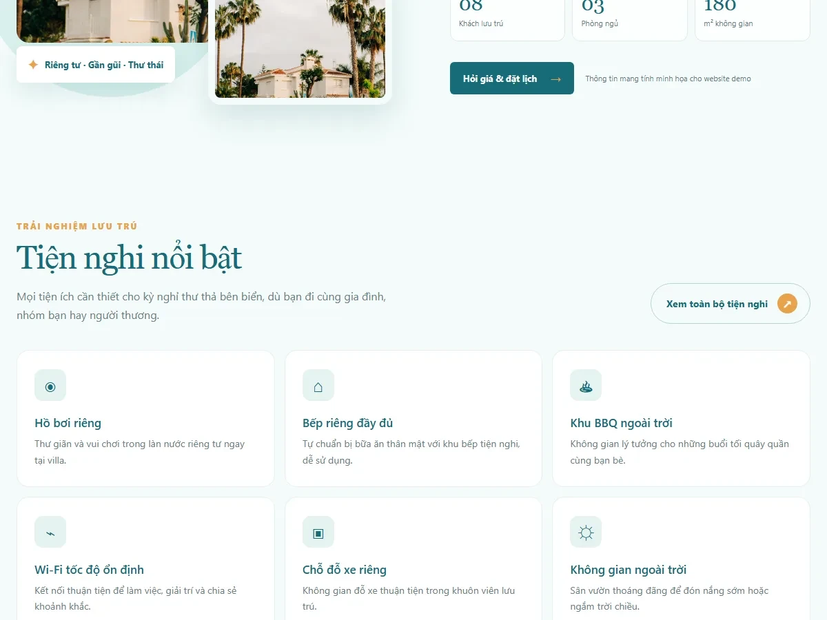 Phối màu xanh teal và vàng ấm trên giao diện villa nghỉ dưỡng