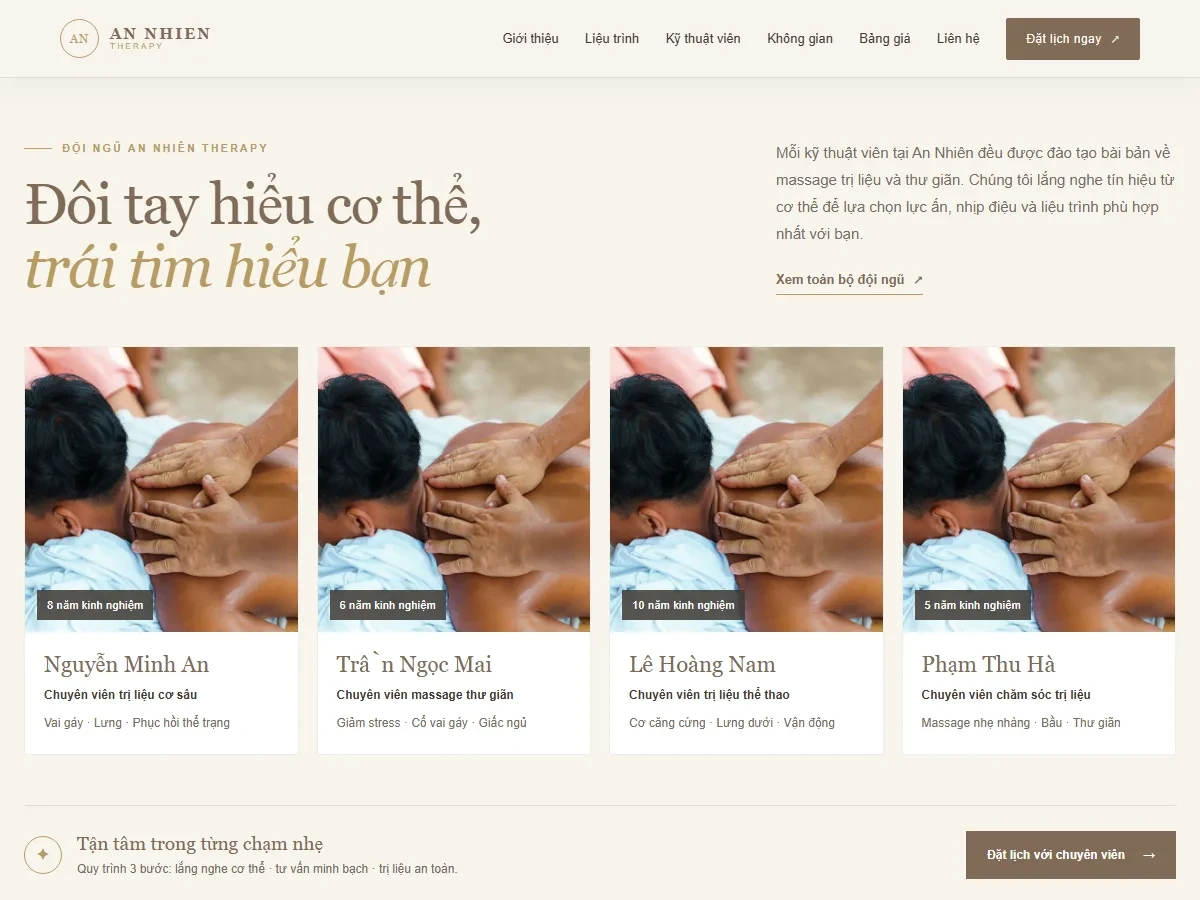 Khu vực nội dung liệu trình và thông tin dịch vụ trên website massage trị liệu
