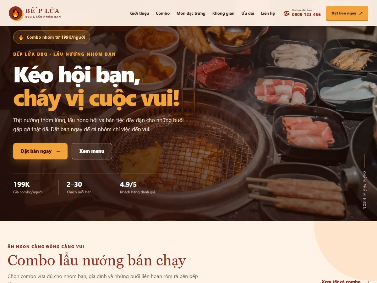 Giao diện trang đầu mẫu website Lẩu nướng Bep Lua BBQ