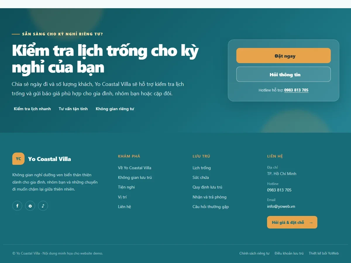 Màn hình cuối của mẫu website Yo Coastal Villa