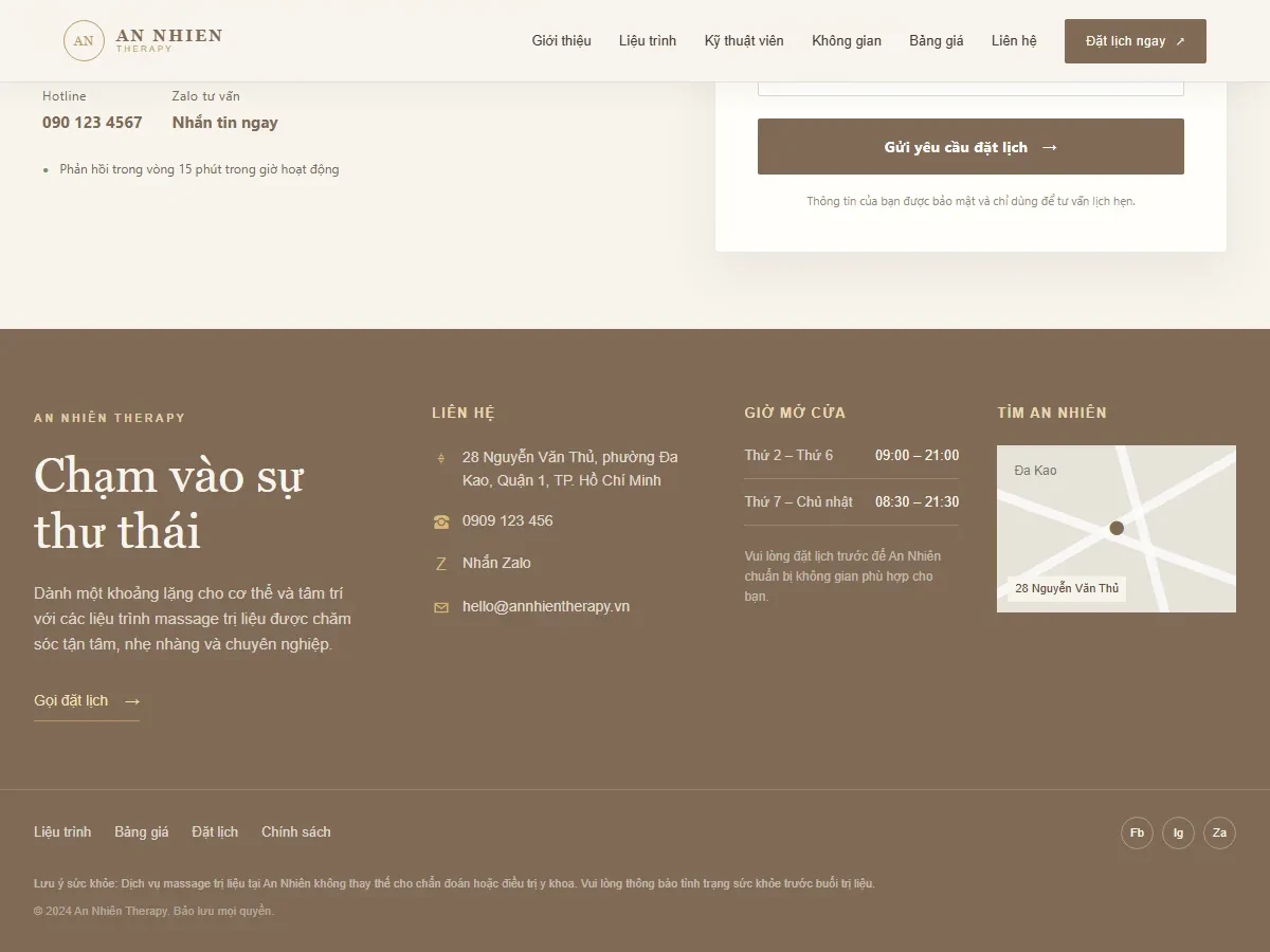 Màn hình cuối của mẫu website AN NHIEN THERAPY dành cho massage trị liệu